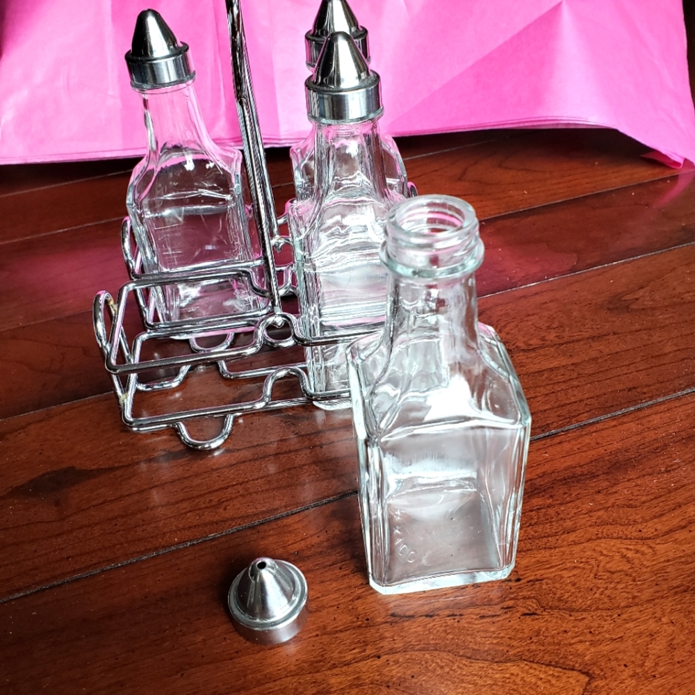 2 Sets, Oil & Vinegar Bottles w/ Metal Caddy & Oil & Vinegar Glass Shakers - Picture 6 of 11